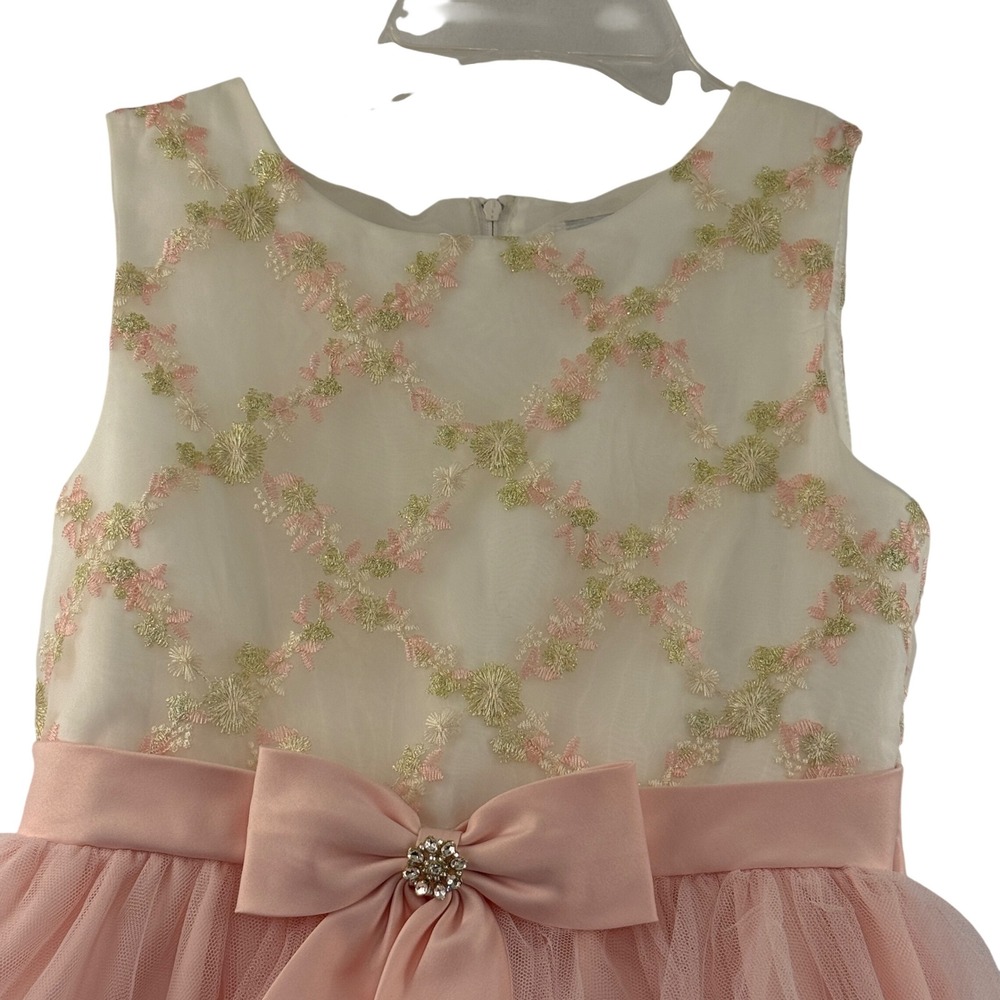 Rare Editions Party Dress Kids Size 12 Pink Cream Floral Embroidered‎ Tulle Bow